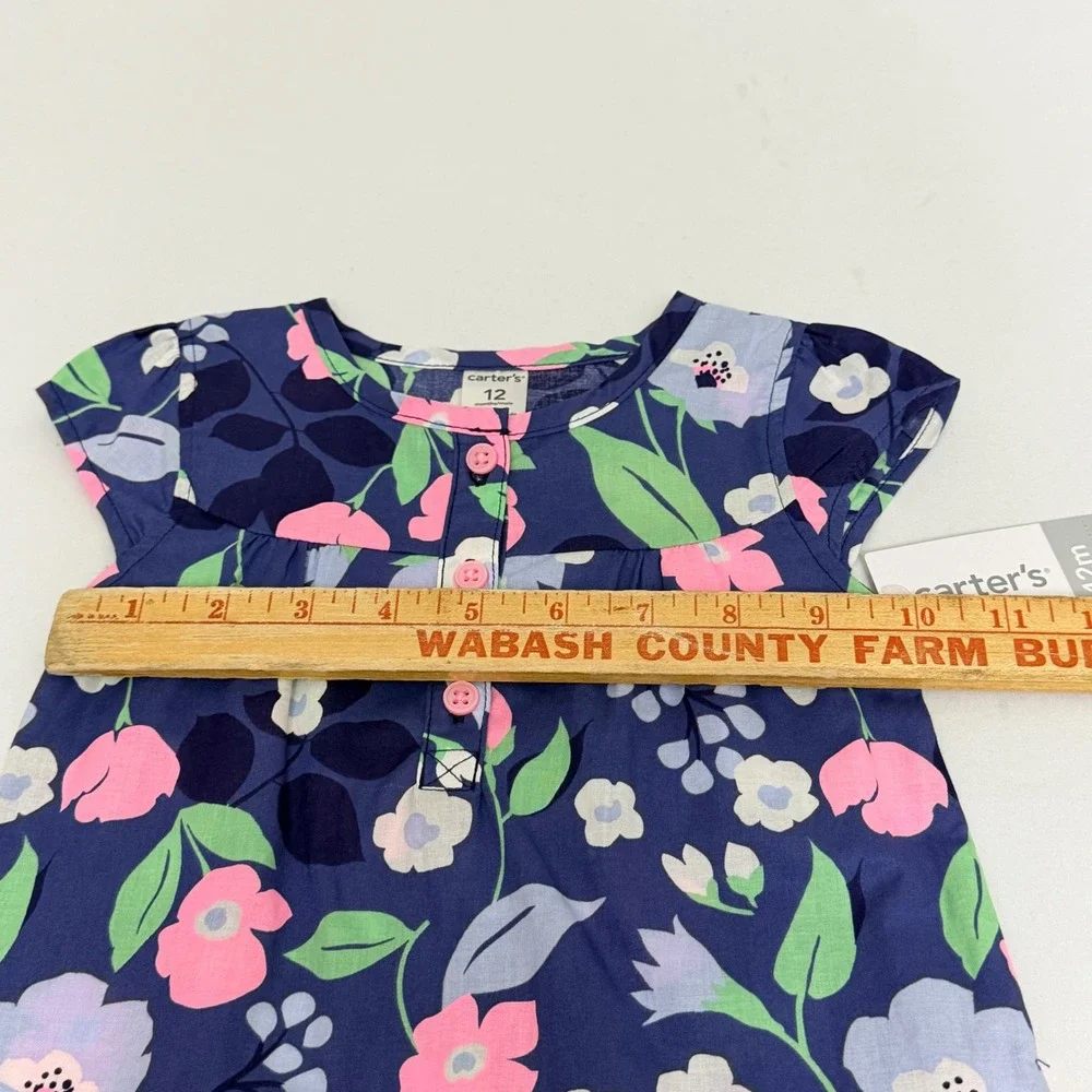Carters Baby Girl 12M Navy Blue Floral Cotton Cap Sleeve Tunic Top Cottagecore